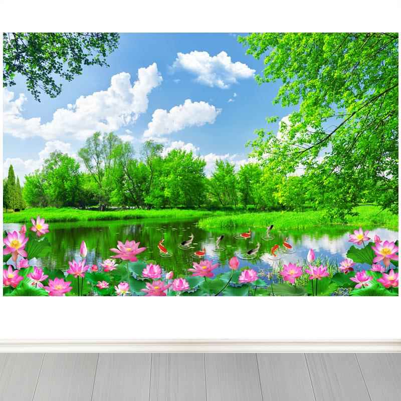 自然风景荷花九鱼图墙贴自粘画客厅办公室背景墙装饰画海报招财画图片