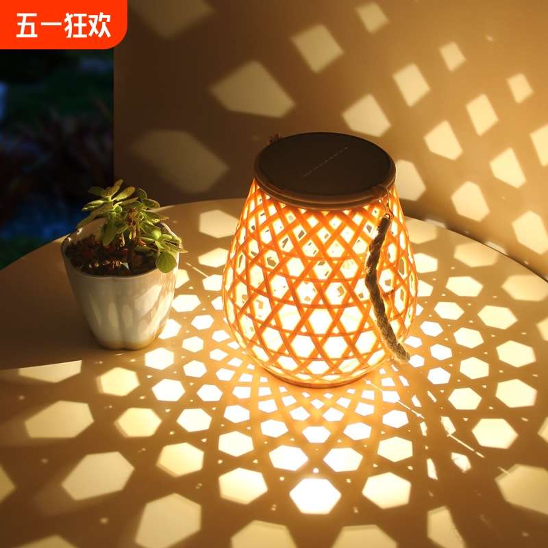 中式户外灯太阳能庭院吊挂手提灯桌面花园氛围落地竹编草坪露台灯
