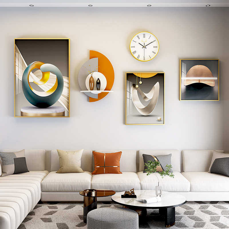 简约壁饰壁画画走廊餐厅现代挂画壁挂钟表组合铝合金装饰画艺术