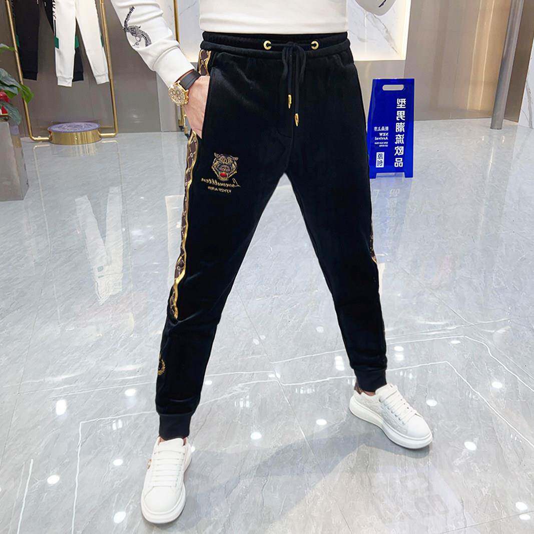 輕奢秋冬男士休閒褲潮牌老虎刺繡黑色加絨束腳衛褲修身小腳男褲子