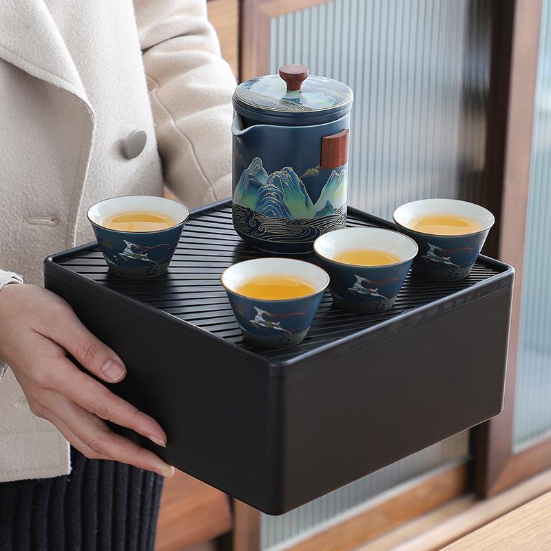 旅行茶具整套装户外快客杯一壶四杯茶盘办公家用功夫泡茶壶便携包