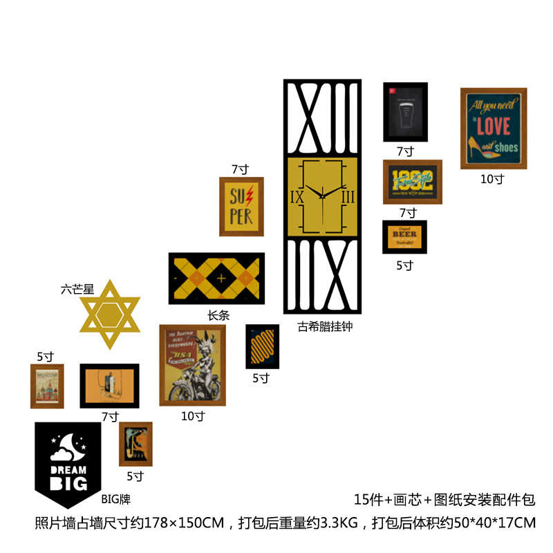 高分子_2662 LOFT楼梯照片墙混搭组合相框工业风装饰画古希腊钟表图片