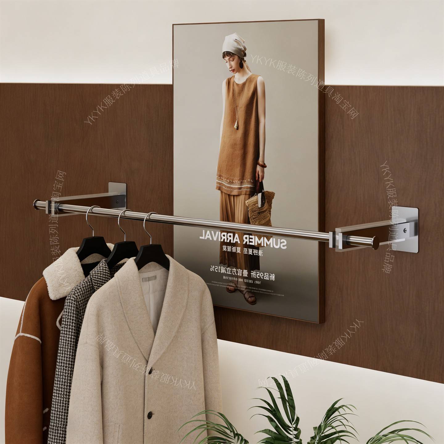 服装店一字上墙展示架不锈钢女装侧挂货架拉丝高级极简工业风挂杆