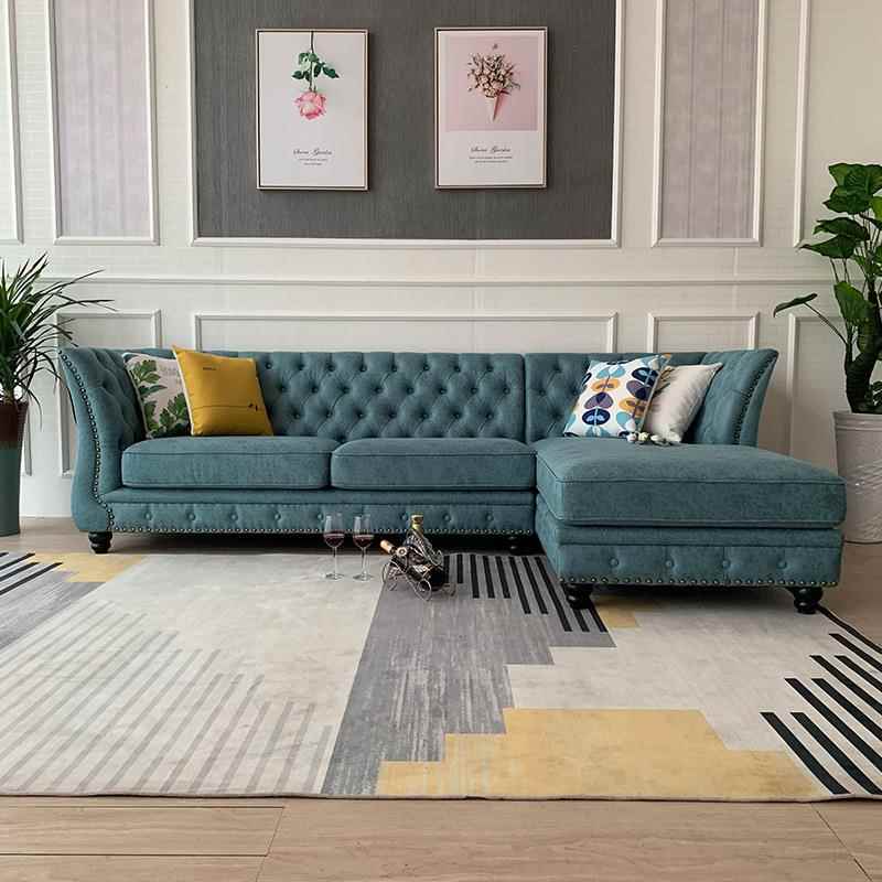 美式乡村田园风格家具科技布拉扣铆钉l型L形转角贵妃位布艺沙发