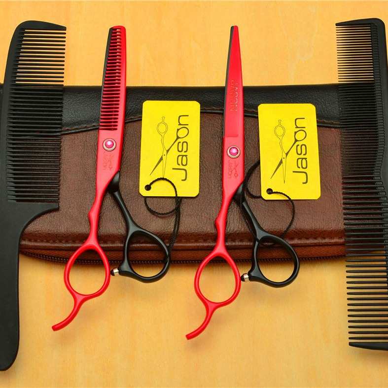 杰森5.5寸6.0寸黑红色左手剪刀美发剪理发剪刀平剪牙剪左撇子套装