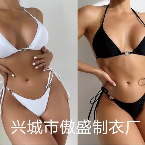 Lace up neck hanging bikini triangle bag split swimsuit