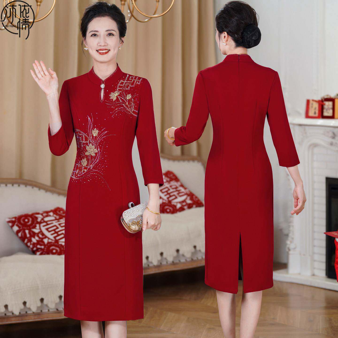 喜妈妈婚庆礼服中老年女秋装新款旗袍洋装轻奢高贵喜婆婆婚宴装