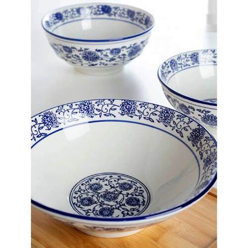 Commercial Ceramic Noodle Bowl Unique Design Blue And White
