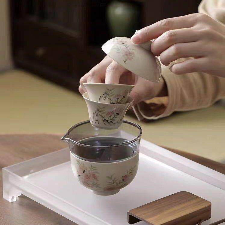 便携式旅行茶具快客杯一壶三杯盖碗功夫陶瓷茶杯套装收纳包草木灰