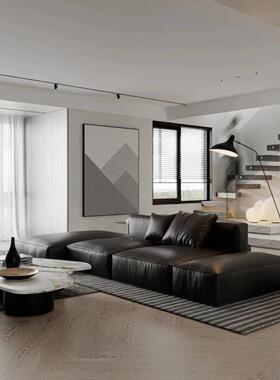 男友力黑色超纤皮沙发双面坐中间大客厅方块沙发脚踏贵妃位组合