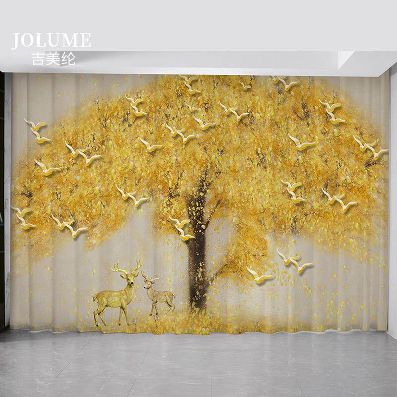 窗帘现代简约北欧轻奢发财树麋鹿新中式卧室客厅高档2022新款定制