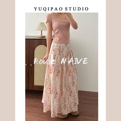 Rouje NAIVE法式碎花A字半身裙女2026夏季高腰大摆长裙粉色温柔风