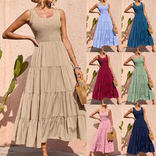 Women Plain Ruffle Trim Tank Dress Casual Sleeveless Summer