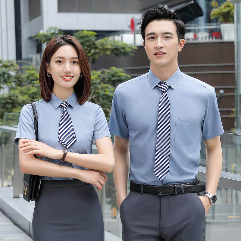 浅灰色衬衫工作服定制logo男女职业装衬衣夏季物业地产销售员工装
