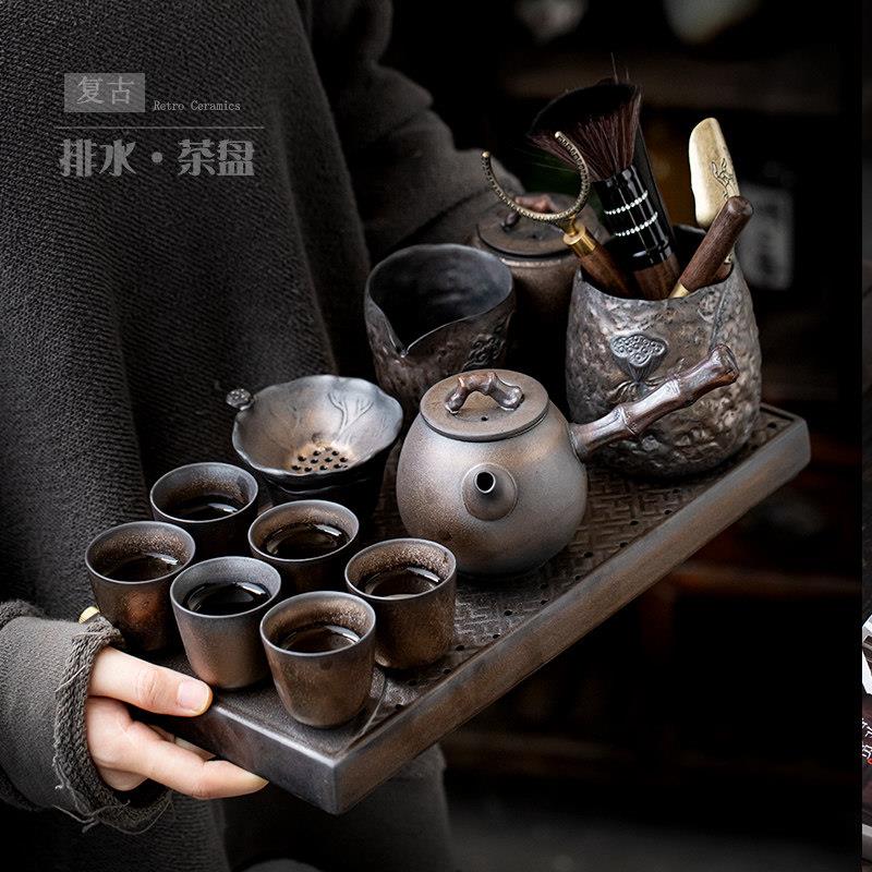 覆古功夫茶具陶瓷镀金家用茶具小套石器茶壶茶杯茶盘全套