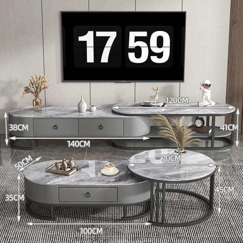 轻奢茶几电视柜组合亮光岩板小户型可伸缩简约带抽屉茶几家用客厅