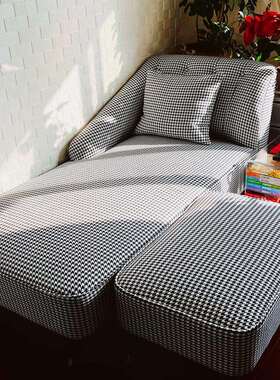 0J贵妃椅简约现代风千鸟格美人榻风卧室小户型客厅单人轻奢实木沙