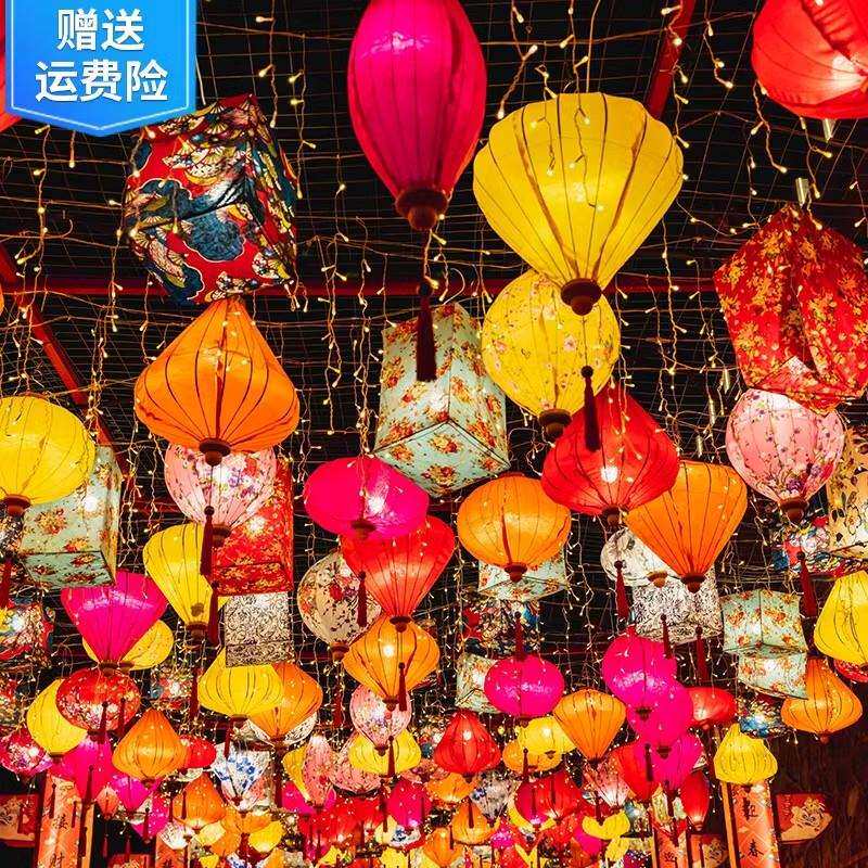 越南灯笼景区街道发光吊灯中式复古走廊街道商场异形创意绸布灯笼