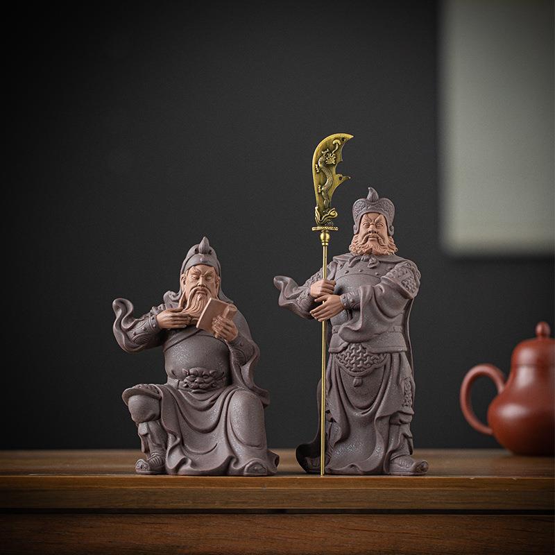 历史三国武将关羽夜读春秋关平周仓摆件中式书房博古架装饰摆设