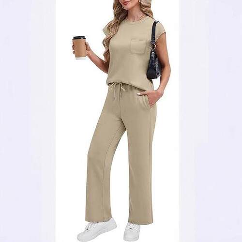 Womens Casual 2 Piece Summer Outfits Cap Sleeve Crewneck