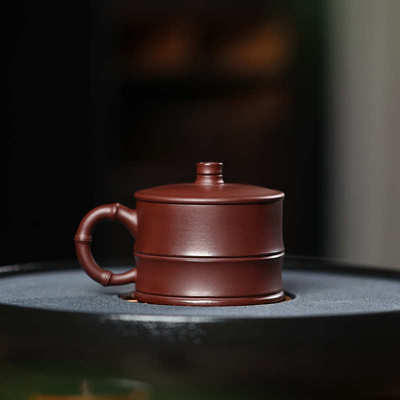 宜兴紫砂杯原矿紫泥小竹节盖杯小号家用功夫茶杯个人专用主人杯