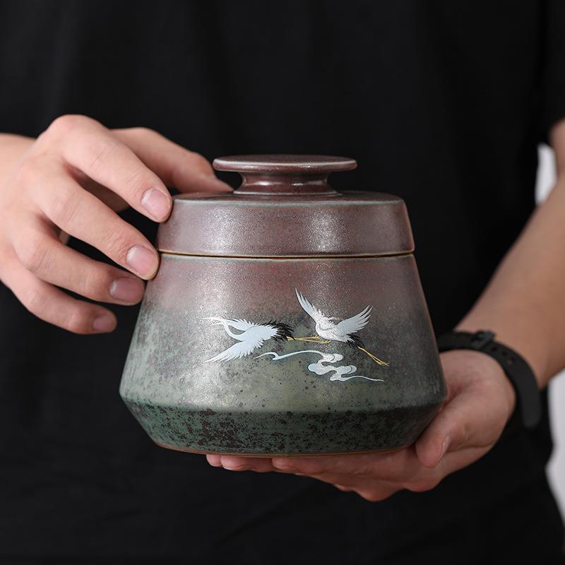 瑞鹤呈祥大号陶瓷茶叶罐手工复古窑变焕彩粗陶茶叶罐密封罐储茶仓