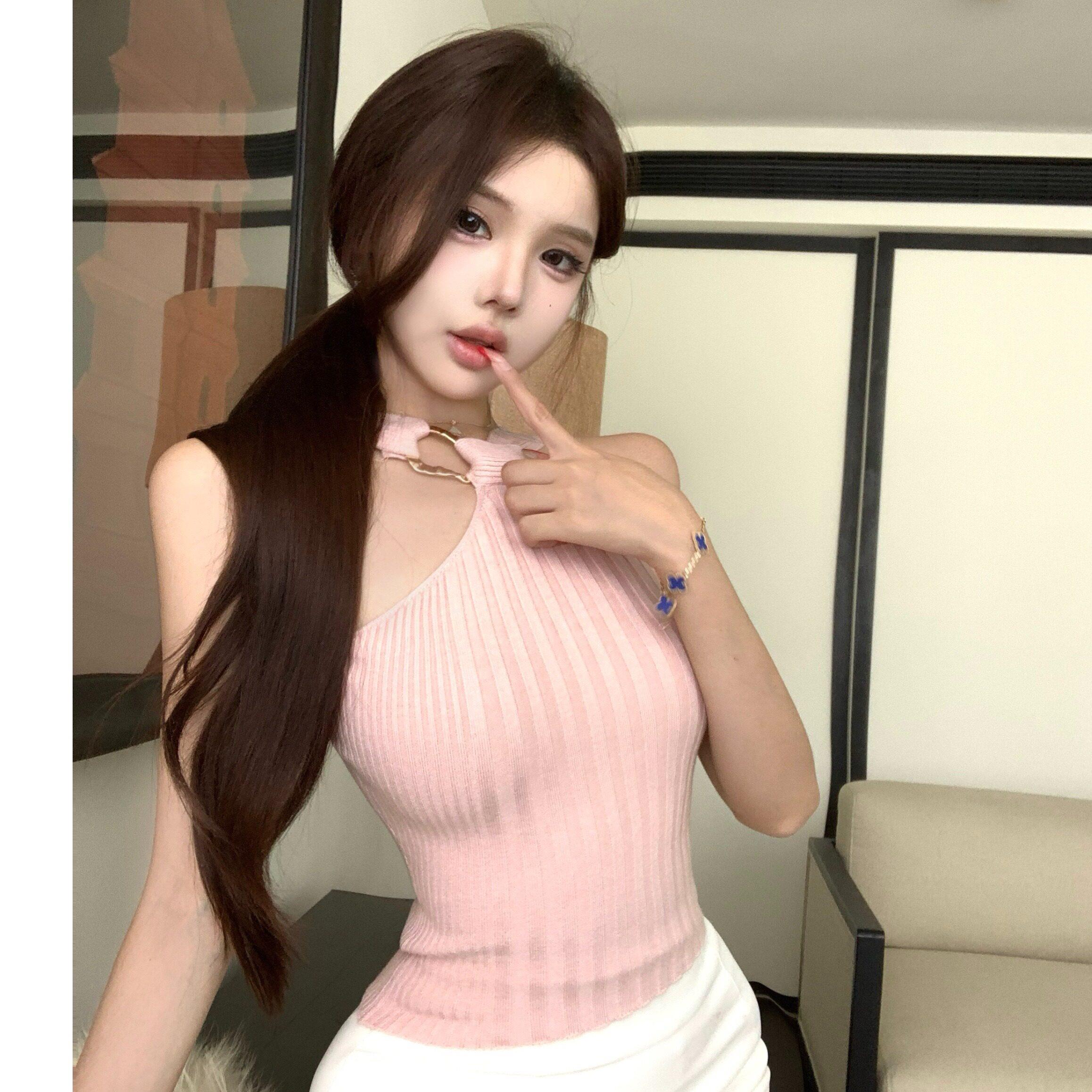 主播服装上镜性感甜媚娇艳显胸扣挂脖式针织抹胸内搭辣妹吊带背心