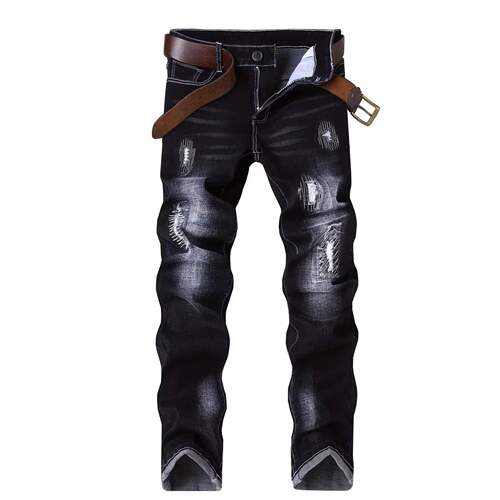 Jeans Pants Casual Denim Flared Fitted Mens Dark Blue Ripped