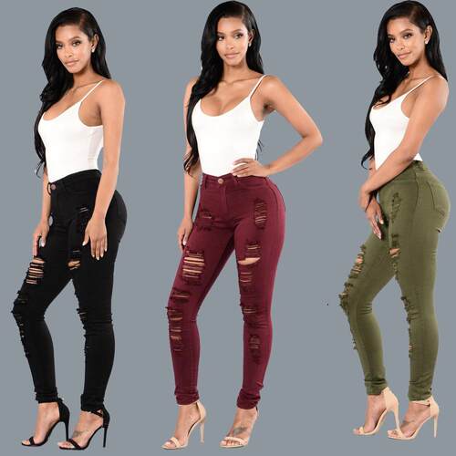 Knee hole jeans, women's small leg pants, women's long