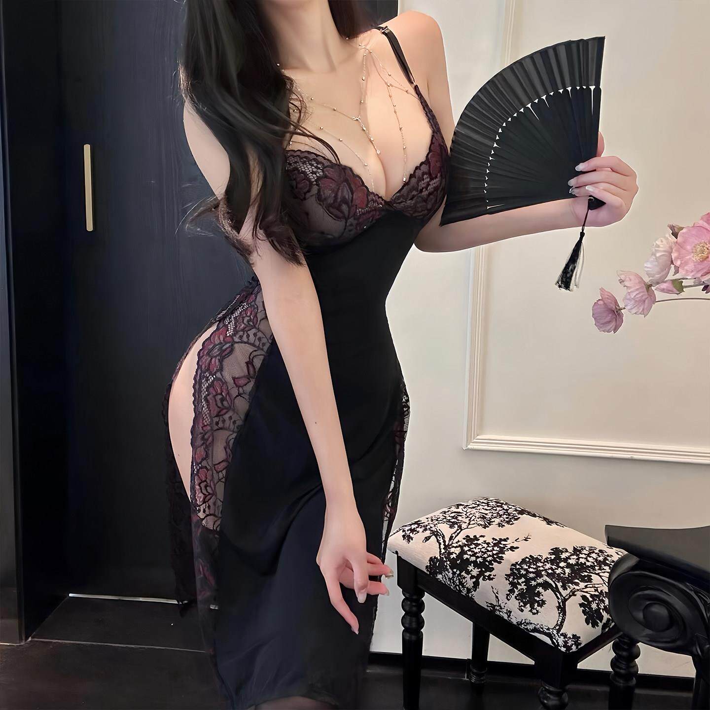 性感长裙大尺度趣味睡裙纯欲制服深V低胸火辣透视大尺码胖MM洋装