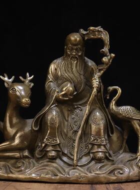 精品仿古公古玩铜器人物寿星坐鹿摆件铜寿星家居办公摆设