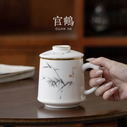 羊脂玉陶瓷茶杯茶水分离杯办公室高档过滤泡茶杯德化白瓷杯子定制