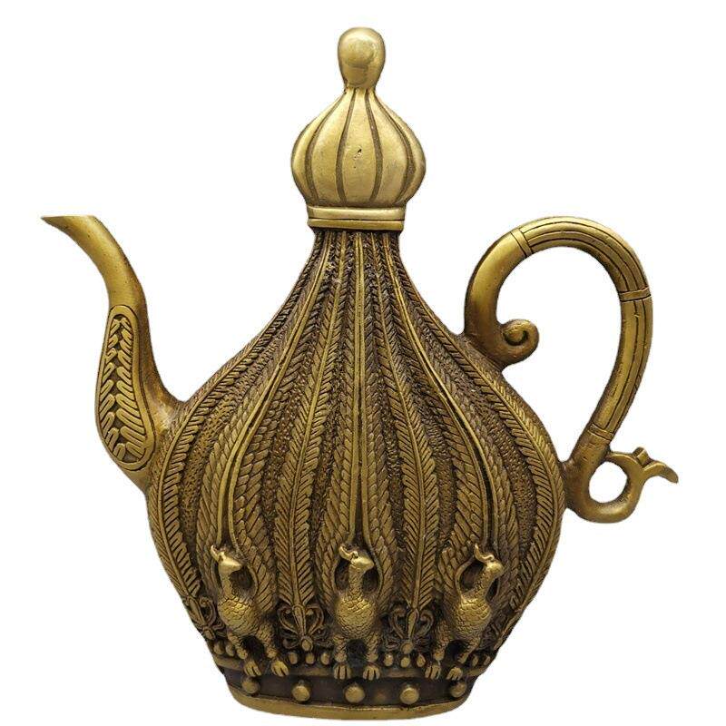 仿古铜壶摆件黄铜茶壶酒壶孔雀开屏壶凤壶扁壶桌面酒柜家居装饰