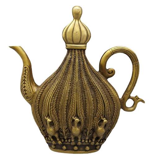 仿古铜壶摆件黄铜茶壶酒壶孔雀开屏壶凤壶扁壶桌面酒柜家居装饰