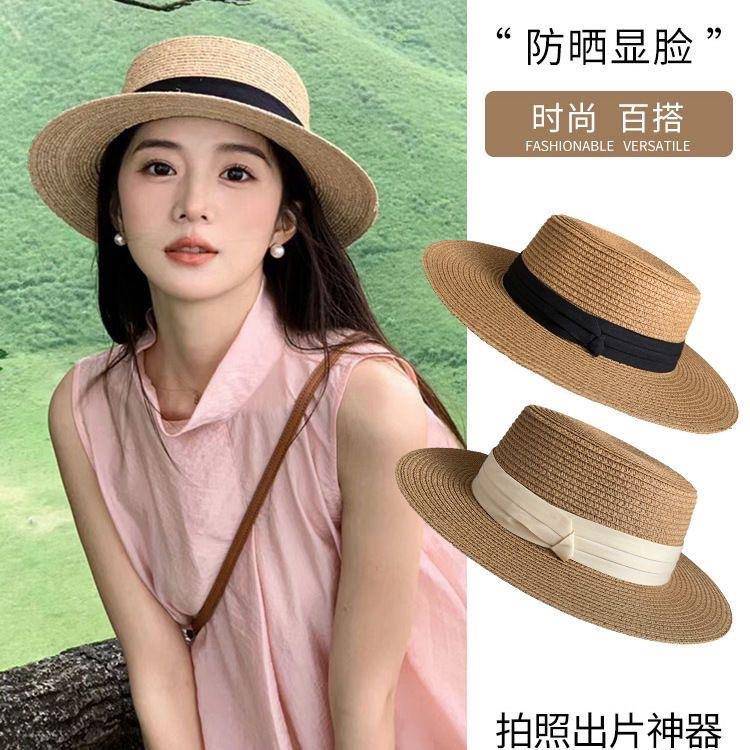 新款法式平顶帽女款大头围平檐海边沙滩度假礼帽大码编织礼帽夏季