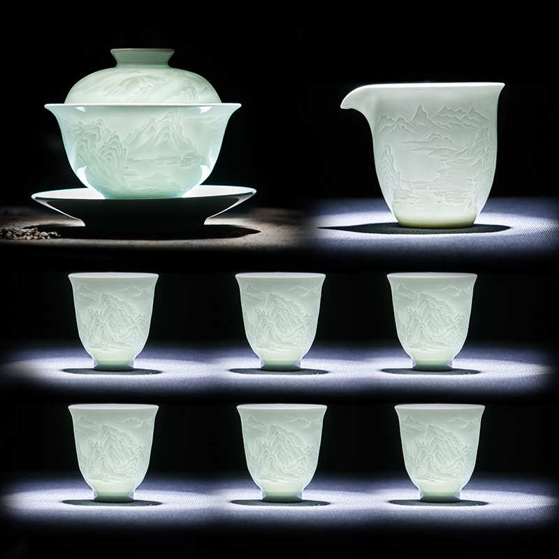 景德镇陶瓷影青雕刻山水家用功夫茶具办公室茶艺泡茶盖碗茶杯套装