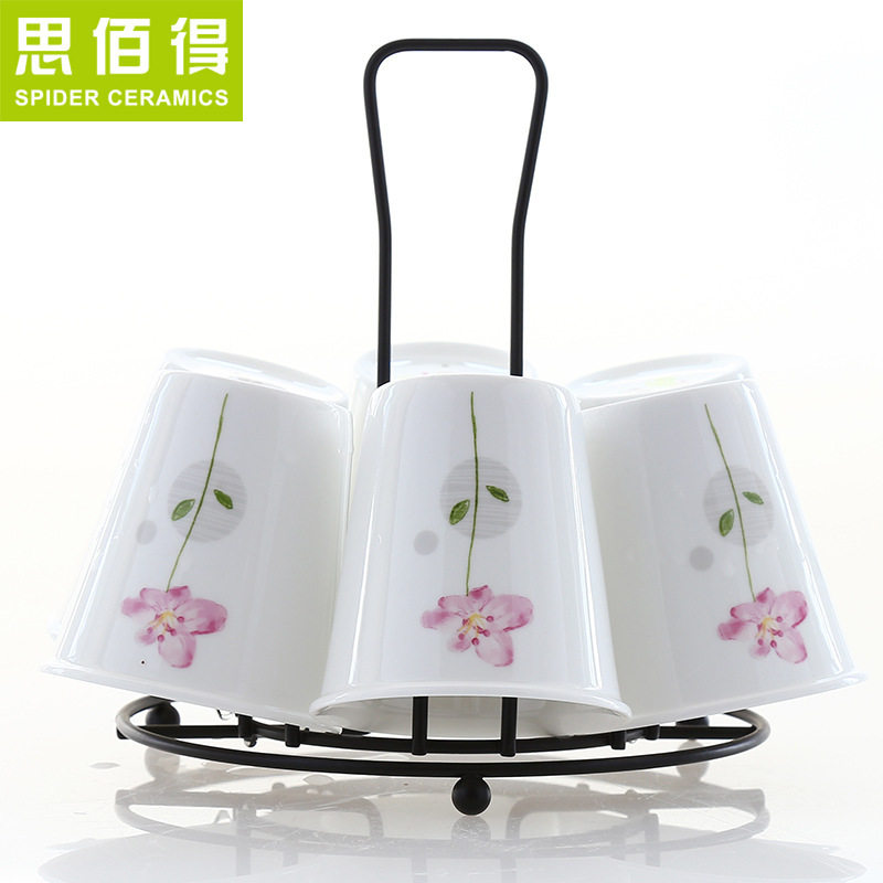 家用创意骨瓷仿纸水杯喝茶水具套装简约咖啡杯带杯架6件套