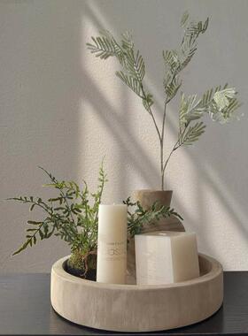 侘寂风绿植软装造景套餐木质托 托盘花盆桌面装饰摆饰玄关圆形果