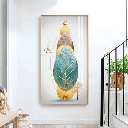 新款直销玄关装饰画现代竖版走廊挂画福鹿叶子客厅简约壁画酒店过