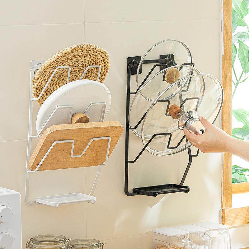 纳川免打孔壁挂锅盖架带接水盘沥水三层厨房收纳置物架多用砧板架