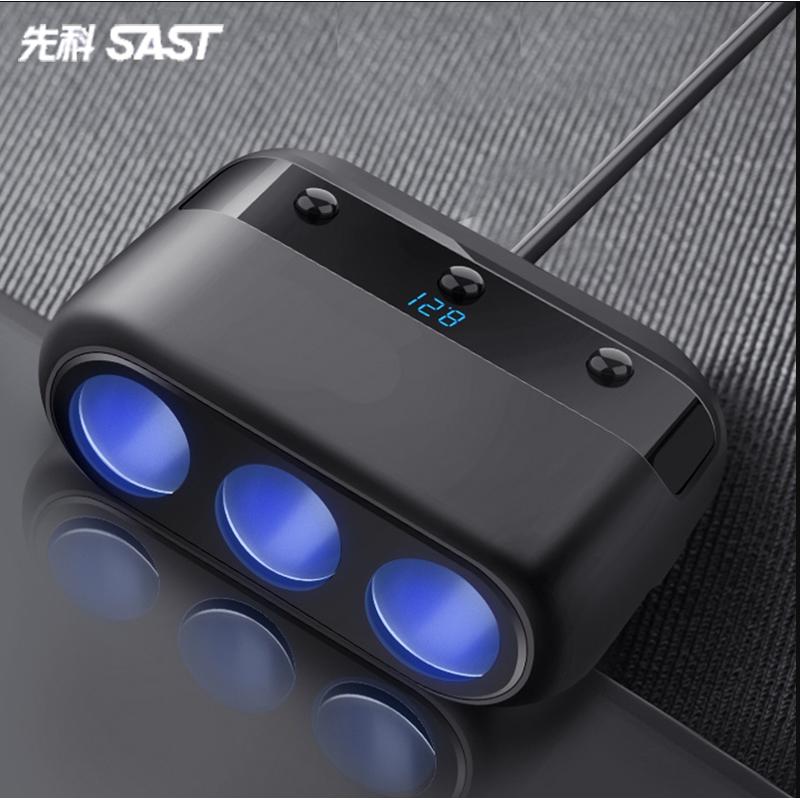 先科 车载充电器点烟器一拖三双USB车充带开关汽车电源转换器插座