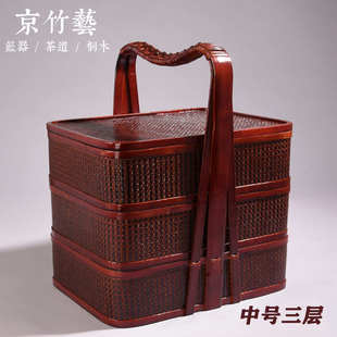 编织餐食手工送手提用子竹编提篮拜拜祭祀篮子三层古代食盒竹篮