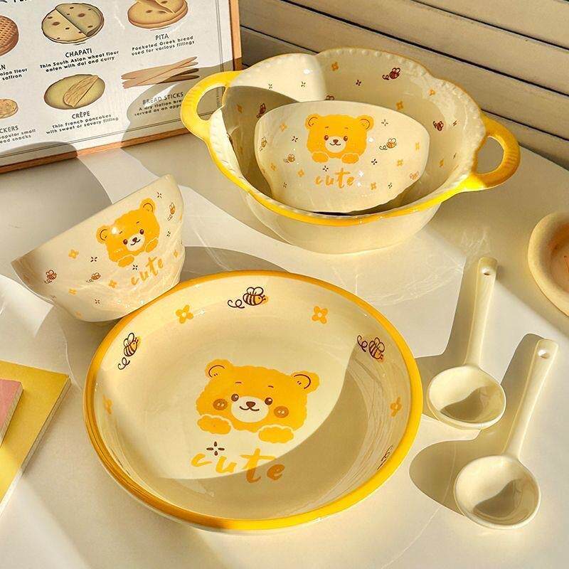 蜜蜂小熊碗碟套装家用宿舍一人食餐具陶瓷饭碗汤碗盘子釉下彩