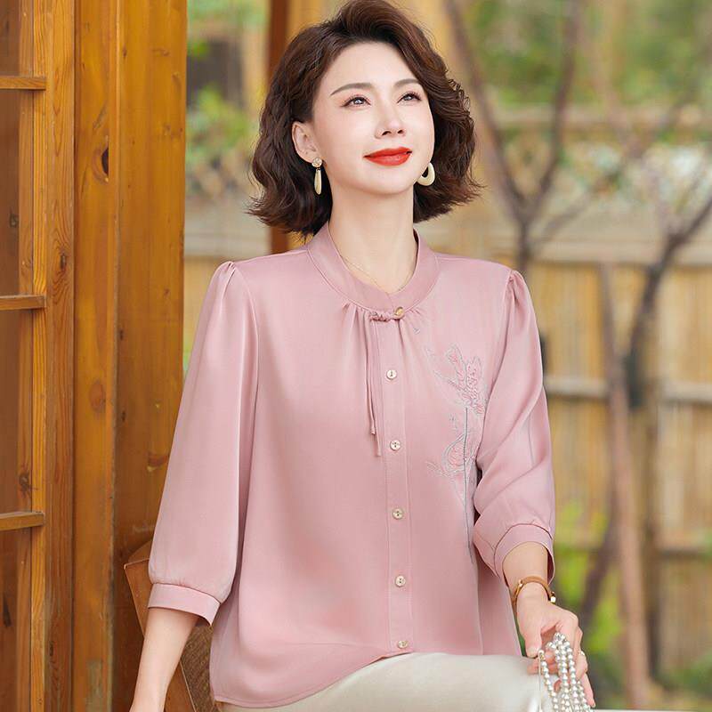 【桑蚕丝100%】气质中年妈妈夏装衬衫女开 衫大尺码真丝纯色上衣