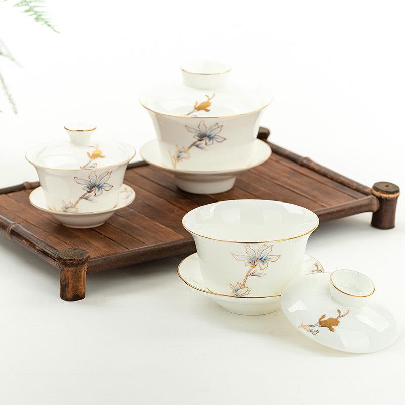 唐山骨瓷盖碗茶杯功夫茶具金玉兰花茶敬茶杯品茗杯小三才盖碗