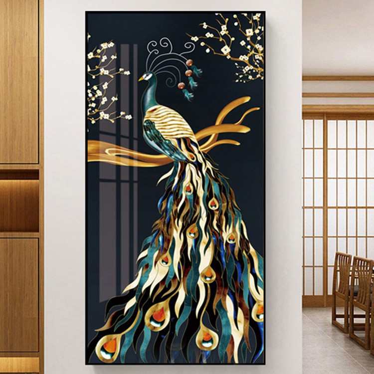 现代轻奢风孔雀玄关装饰画走廊过道挂画正对门楼梯口高级感晶瓷画图片