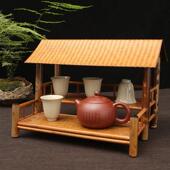 中式 围炉煮茶禅意梅鹿竹茶棚茶台屋簷茶具收纳柜博古架双层茶杯架