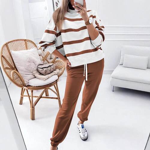 Striped sports suit, women's long sleeved sweatshirt,