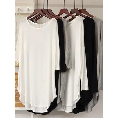 白色中长款长袖T恤女2025秋季新款宽松薄款遮屁股罩衫大圆领上衣