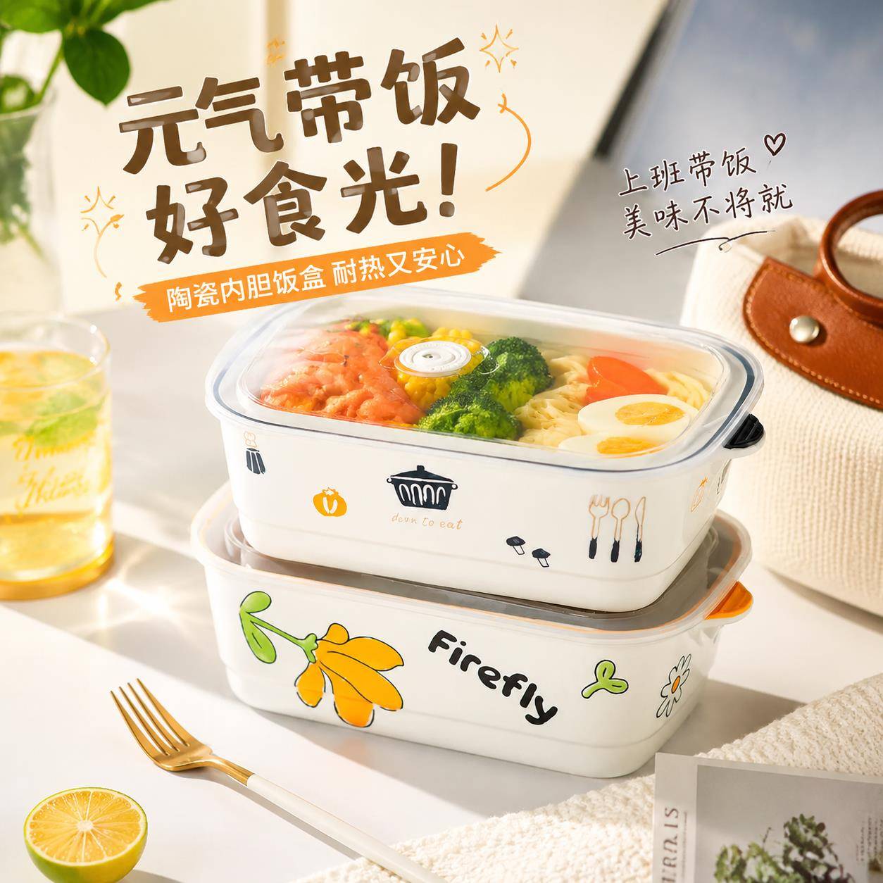 陶瓷饭盒上班族分装饭菜分离便当午餐带饭便携釉下彩餐盒三格保鲜